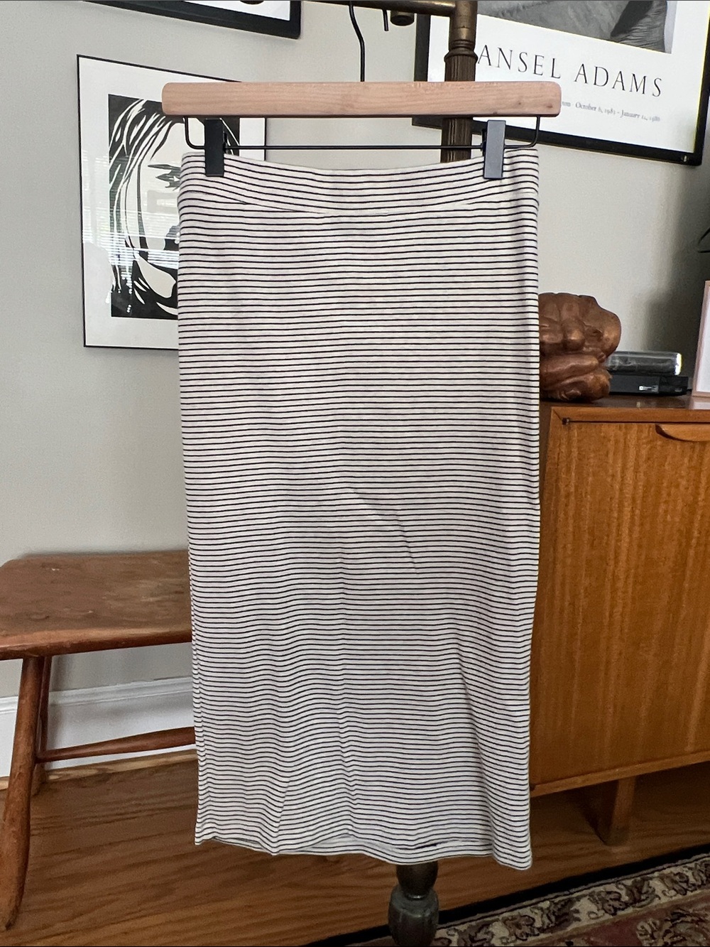 Striped Cream and Black Midi Skirt - Sleek Everyday Style